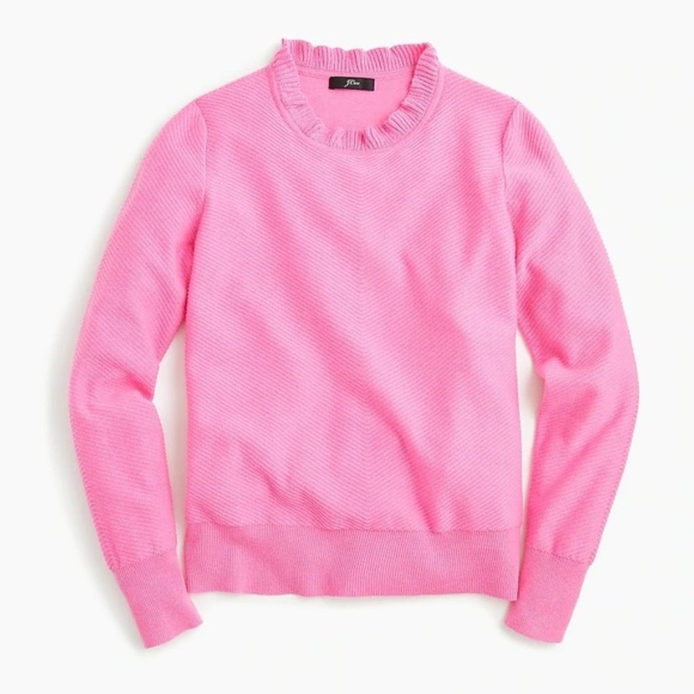 NWT J.CREW Ruffle Neck Pullover Sweater Knit Top Merino Wool Intense Pink S